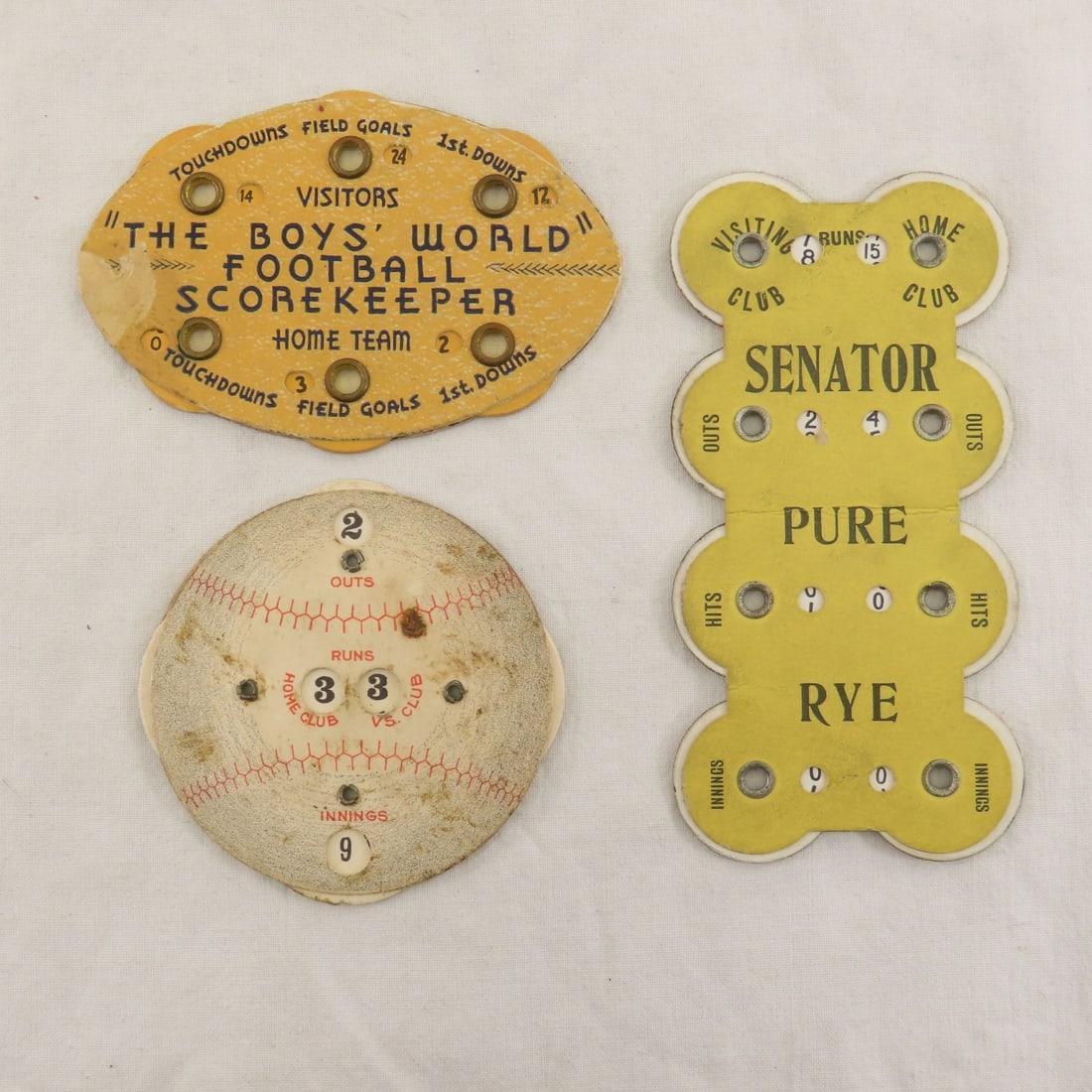3 Vintage Baseball & Football Score Keepers: 3 Vintage Baseball & Football Score Keepers - Lot Size 4zx4x2" 1 LB Photos are part of description. (Live Auctioneers only shows a max of 20 photos). Please ask questions and read terms & conditions