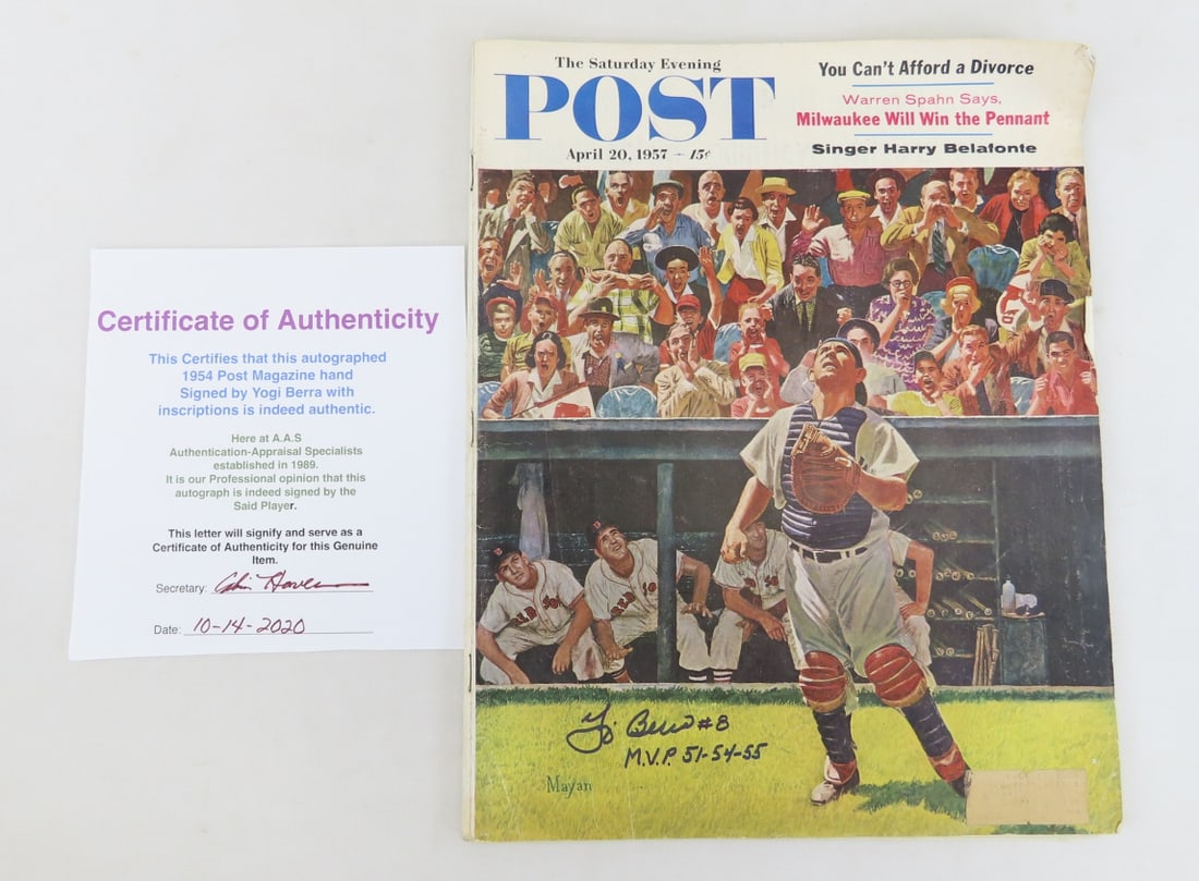1957 Saturday Evening Post Signed By Yogi Berra: 1957 Saturday Evening Post Signed By Yogi Berra - AAS COA LOT SIZE 16X14X2" 2 lb Photos are part of description. (Live Auctioneers only shows a max of 20 photos). Please ask questions and read terms
