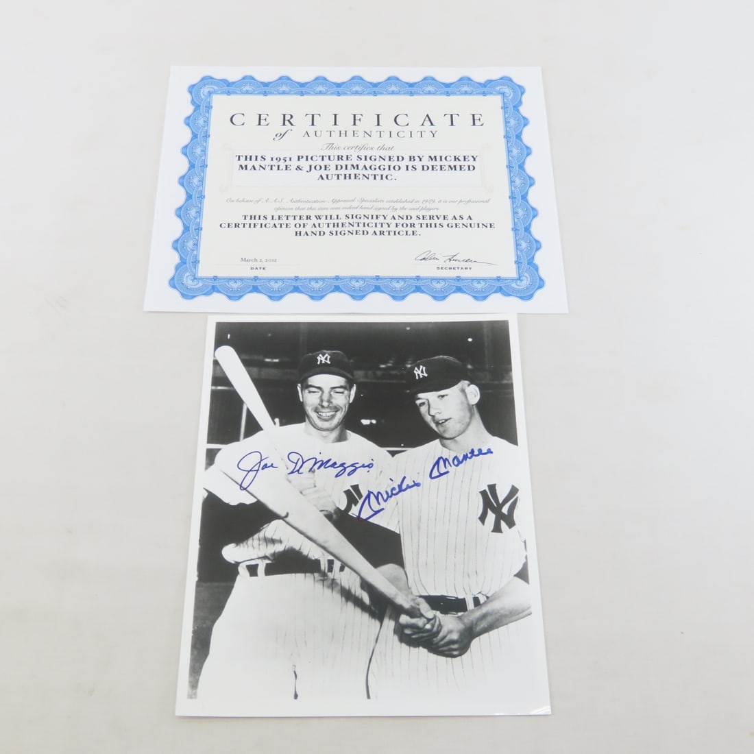 Joe DiMaggio And Mickey Mantle Autographed Photo: Joe DiMaggio And Mickey Mantle Autographed Photo - AAS COA LOT SIZE 10X8X2" 1 LB Photos are part of description. (Live Auctioneers only shows a max of 20 photos). Please ask questions and read terms