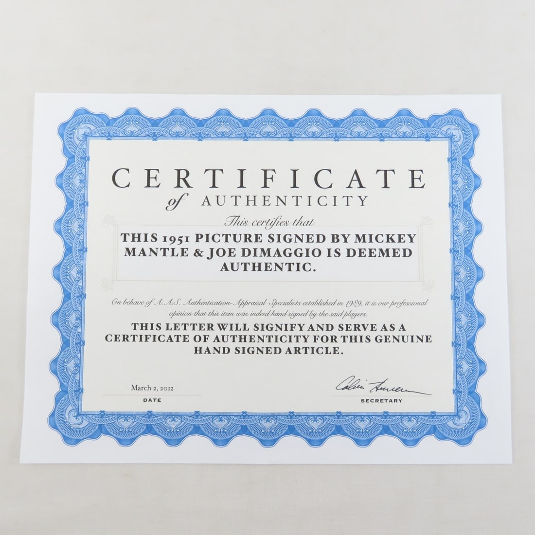 Joe DiMaggio And Mickey Mantle Autographed Photo - 6