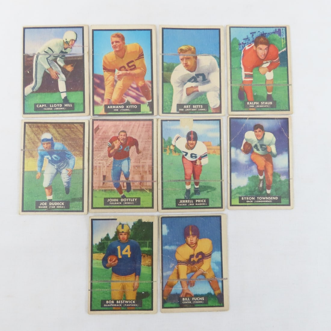 10 1951 Topps Magic Football Cards: 10 1951 Topps Magic Football Cards - LOT SIZE 3X3X3" 1 LB Photos are part of description. (Live Auctioneers only shows a max of 20 photos). Please ask questions and read terms & conditions before