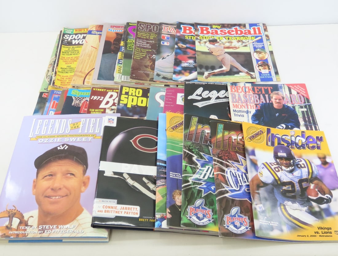 Sports Books, Magazines, Yearbooks, some vintage: Sports Books, Magazines, Yearbooks, some vintage - LOT SIZE 16X12X10" 20 LB Photos are part of description. (Live Auctioneers only shows a max of 20 photos). Please ask questions and read terms & cond