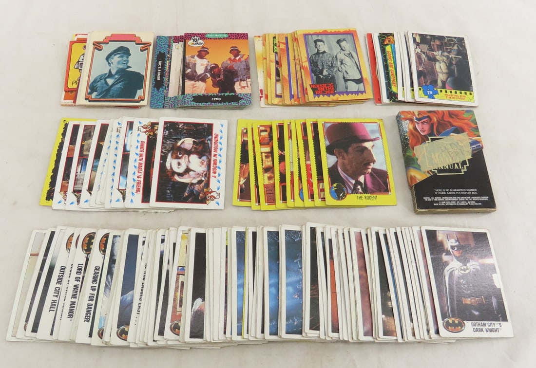 Batman & Other 80-90's Movie & TV Trading Cards: Batman & Other 80-90's Movie & TV Trading Cards - Marvel, Batman, Gremlins, Dick Tracy, TMNT, NKOTB, Yo MTV Raps, and a few random cards Photos are part of description. (Live Auctioneers only shows a