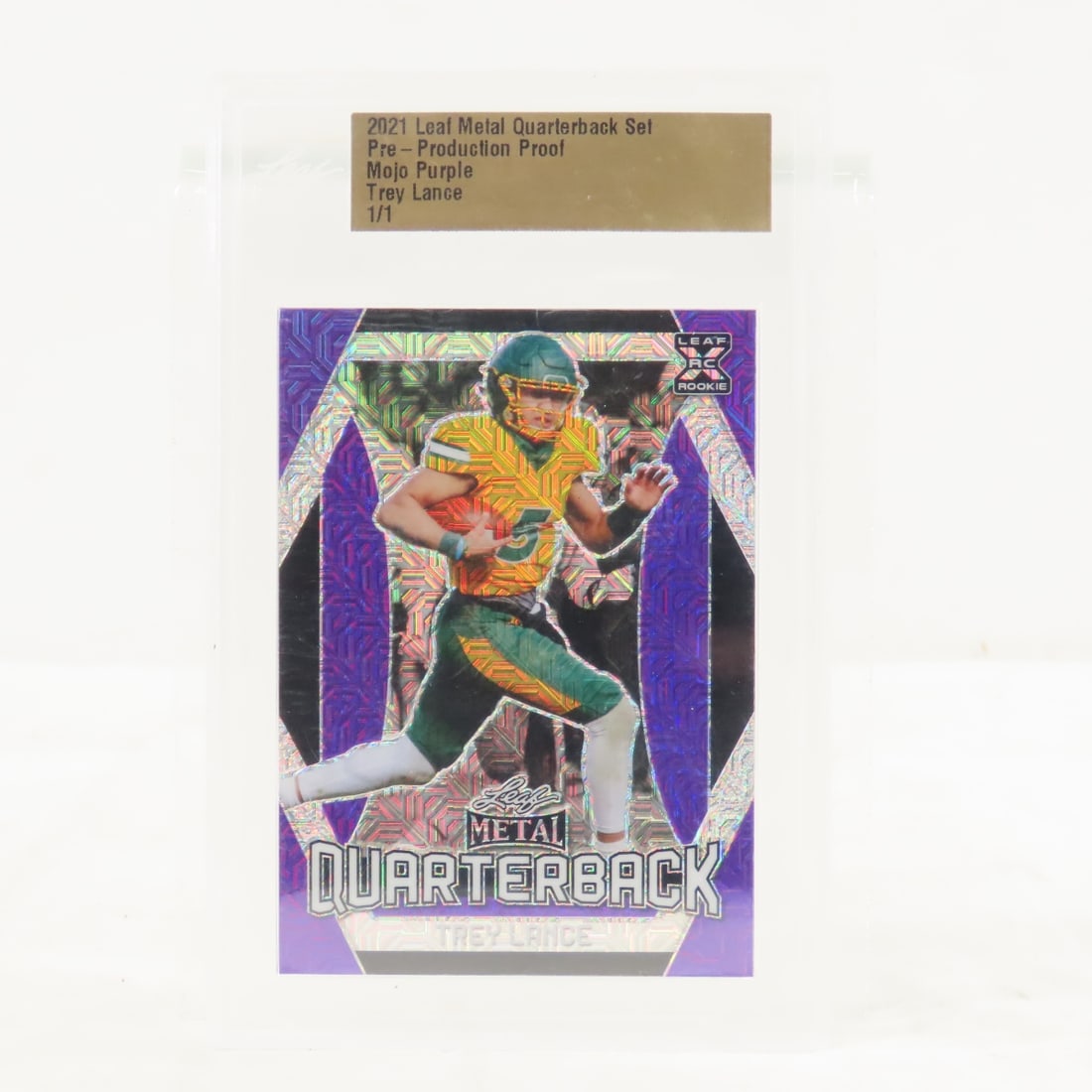 2021 Leaf Metal Quarterback Set Trey Lance 1/1: 2021 Leaf Metal Quarterback Set Trey Lance 1/1 - Pre-Production Proof. Mojo Purple. in hard case. Lot Size 6x4x1" 1 LB Photos are part of description. (Live Auctioneers only shows a max of 20
