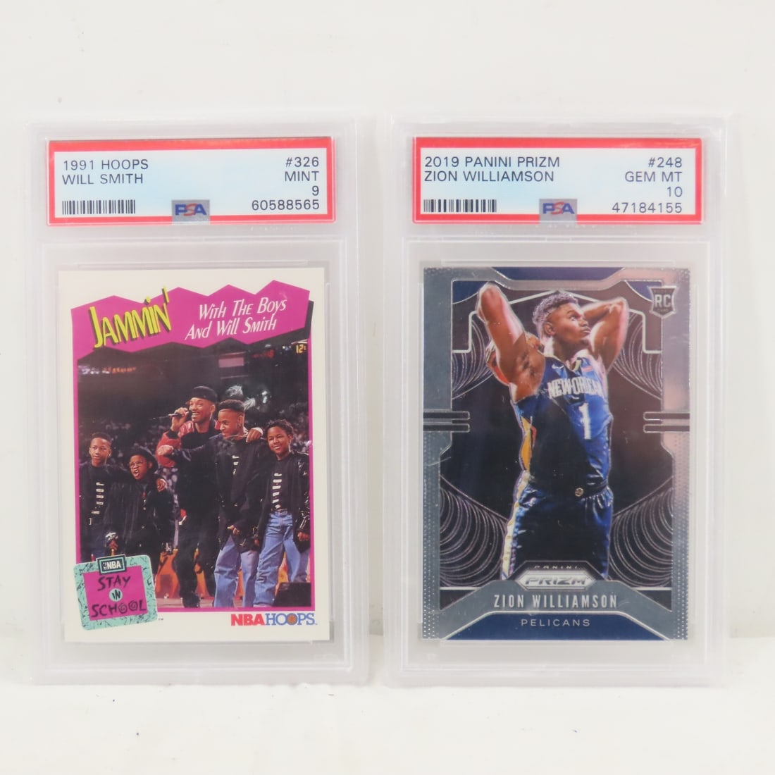 2019 Panini Prizm Zion Williamson Gem MT 10: 2019 Panini Prizm Zion Williamson Gem MT 10 - and 1991 Hoops Will Smith Mint 9 - both PSA Graded. Lot Size 6x4x1" 1 LB Photos are part of description. (Live Auctioneers only shows a max of 20