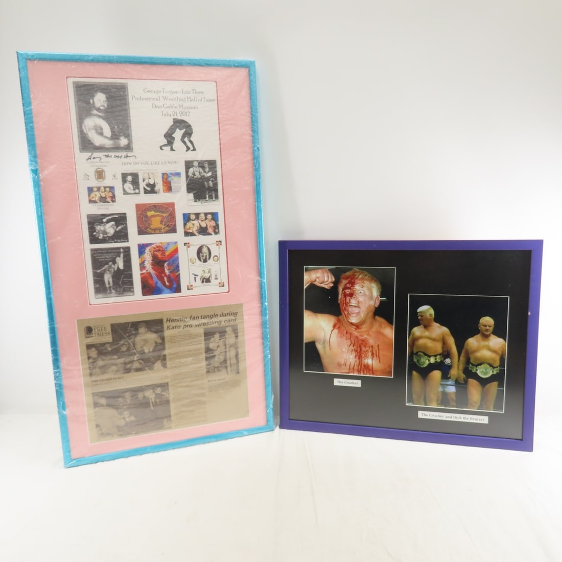 Larry Hennig, Crusher, Bruiser Framed Memorabilia: Larry Hennig, Crusher, Bruiser Framed Memorabilia - Framed Larry The "Axe" Hennig signed Dan Gable Museum Bill (No COA) & Newspaper Clipping 32 x 18", The Crusher & Dick The Bruiser photos 21 x