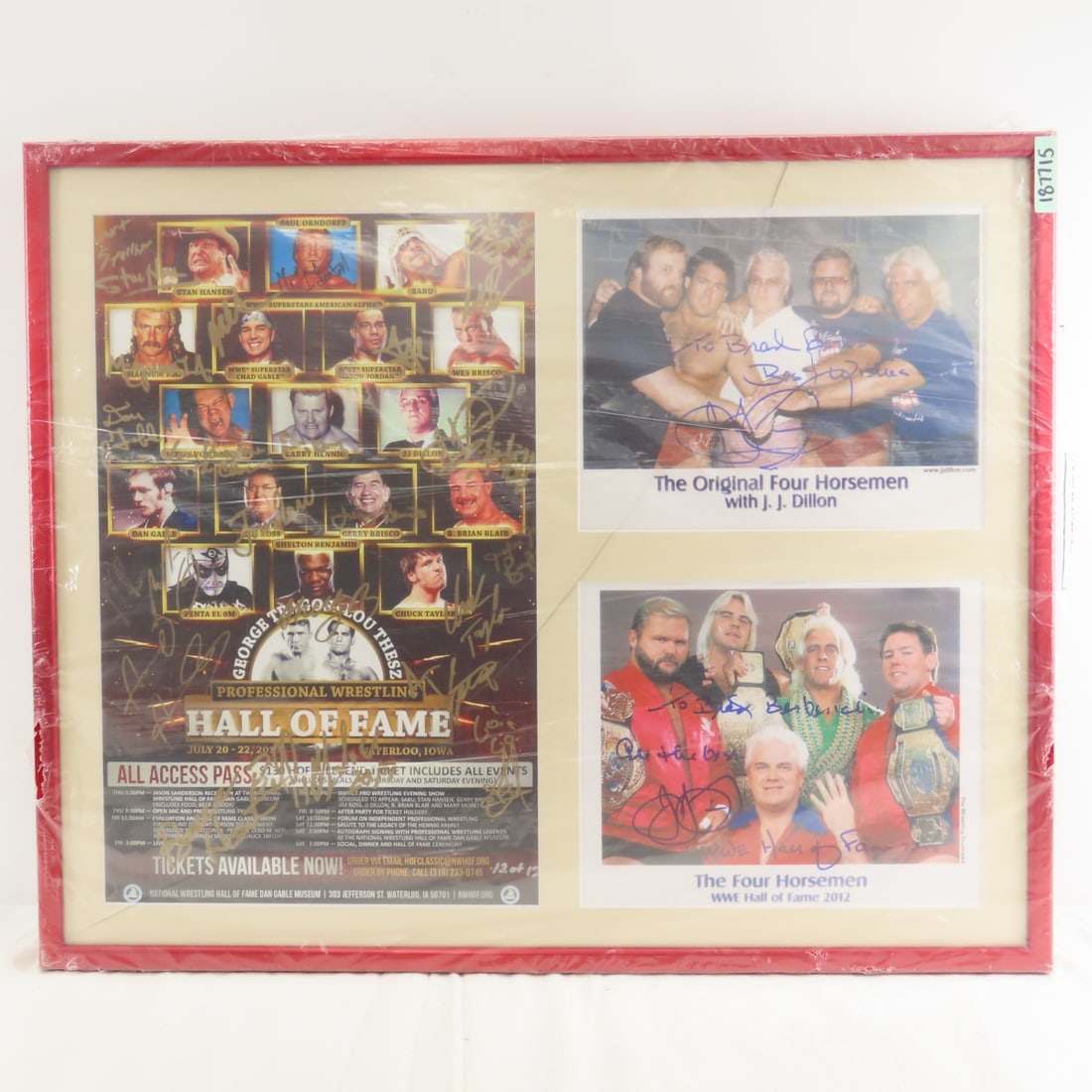 Professional Wrestling HOF Signed Bill & Photos: Professional Wrestling HOF Signed Bill & Photos - Glass is Cracked - 2017 Professional Hall of Fame Signed Bill with Multiple Signatures, No COA. Stan Hansen, Paul Orndorff, Baron Von Raschke and