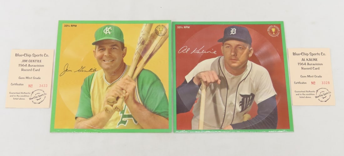 Kaline & Gentile 1964 Auravision Record Cards: Kaline & Gentile 1964 Auravision Record Cards - with Gem Mint Grade COA's- Jim Gentile & Al Kaline, Lot size 7x7x1", .5 lbs Photos are part of description. (Live Auctioneers only shows a max of 20