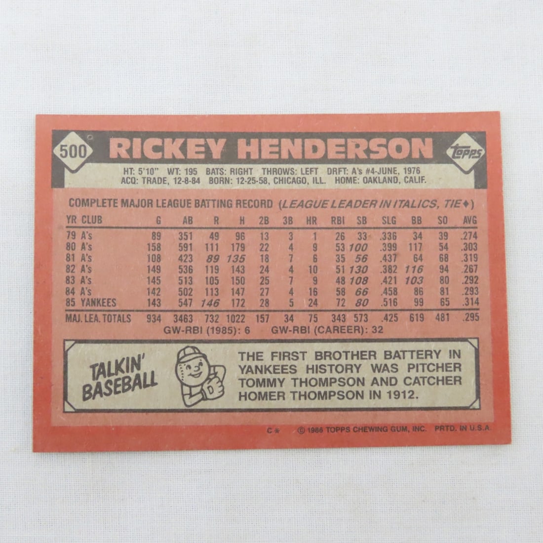 150+ Near Mint 1986 Topps Baseball Card- Henderson - 14