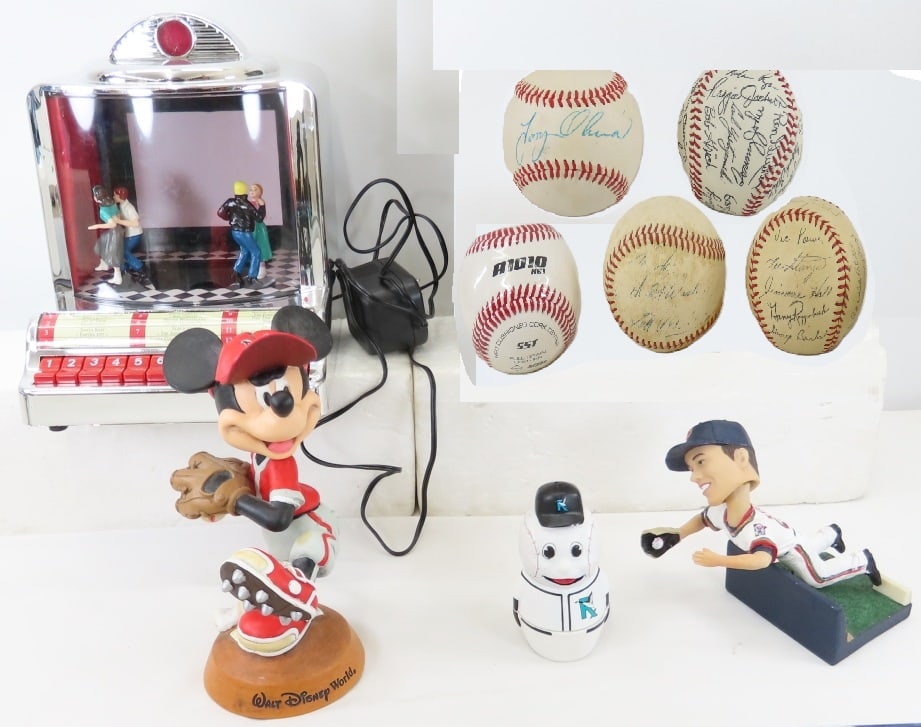 Tony Oliva Signed Ball & Facsimile Baseballs: Tony Oliva Signed Ball & Facsimile Baseballs - Tony Oliva signed ball, 1 other signed ball- illegible, 1 unsigned and 2 facsimile team balls. Mickey Mouse bobblehead, Kepler bobble head, and 1999