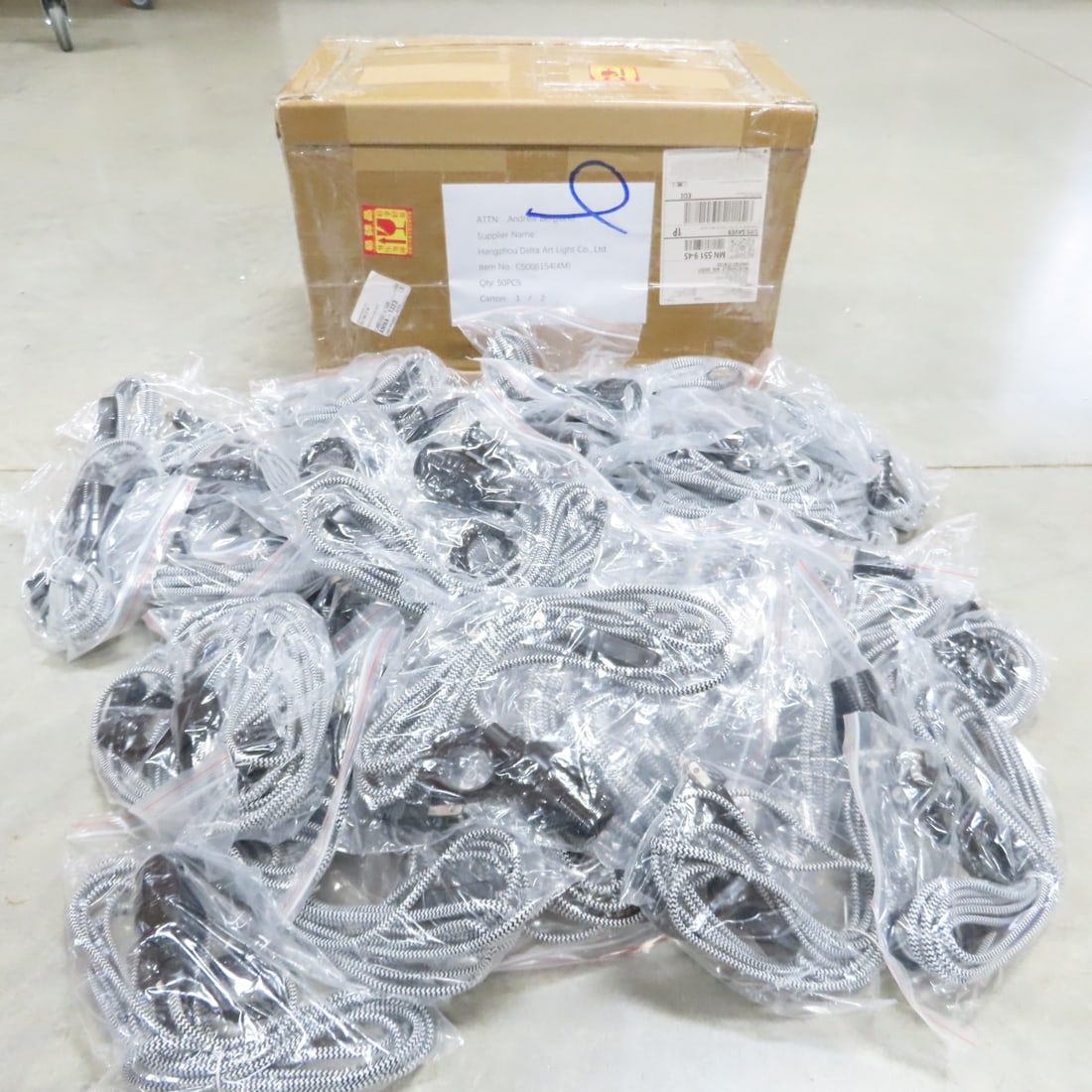 50 Kema Keur 12 ft Braided Pendant Light Cords: 50 Kema Keur 12 ft Braided Pendant Light Cords - 50 New 12 ft Braided AC Pendant Light Cords with 250V 3A On/Off Switch, MFG Number C5006154(4M). Lot Size: 20 x 11 x 13", 30 lbs Photos are part of