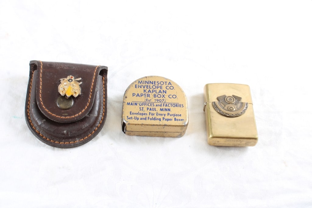 Advertising Zippo Lighter, Tape Measure & More: Advertising Zippo Lighter, Tape Measure & More - Brass Zippo Lighter Harley Davidson Advertising, Brass Tape Measure advertising Minnesota Envelope Co. 1907 & Cherokee Leather Belt Case with