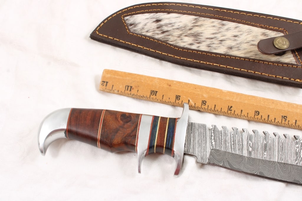 Damascus Bowie Knife 15" in Leather Sheath - 7