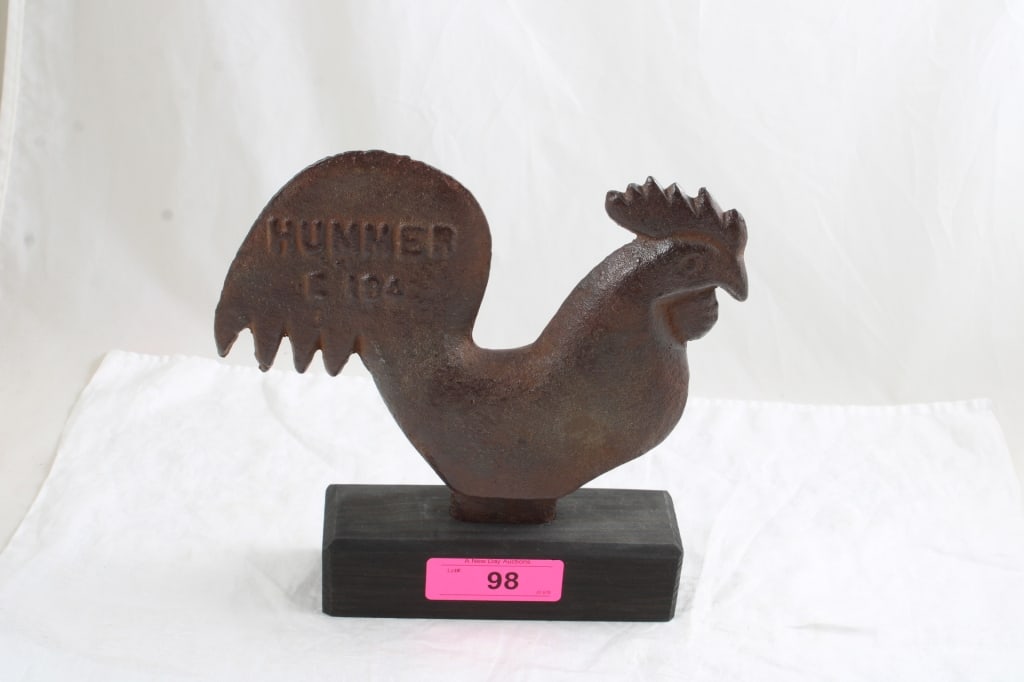 Cast Iron Rooster Windmill Weight Hummer E184: Cast Iron Rooster Windmill Weight Hummer E184 - With wood base. Lot Size 10" x 10" x 4". 9 Lbs. Photos are part of description (Live Auctioneers on displays a max of 20 photos -check other