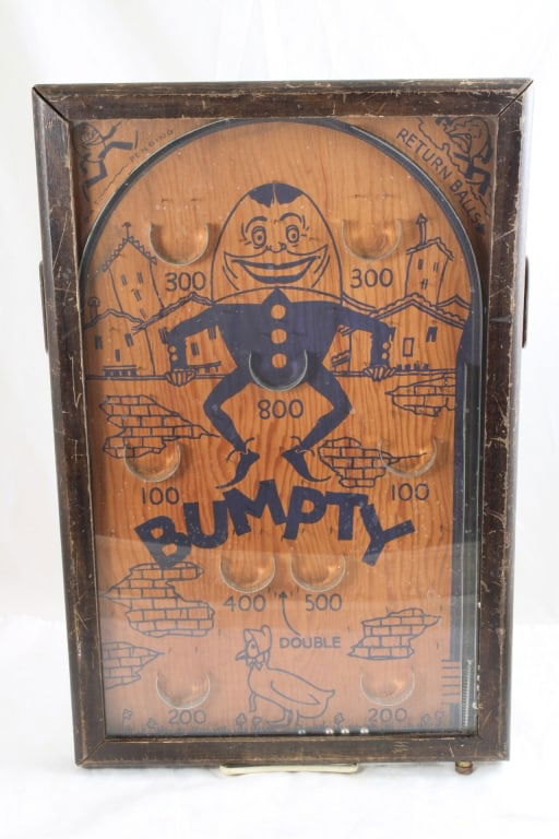 Antique Wood BUMPTY Table Top Pinball Game: Antique Wood BUMPTY Table Top Pinball Game - Lot Size 18" x 12" x 2". 4 Lbs. Photos are part of description (Live Auctioneers on displays a max of 20 photos -check other polatforms for all photos).