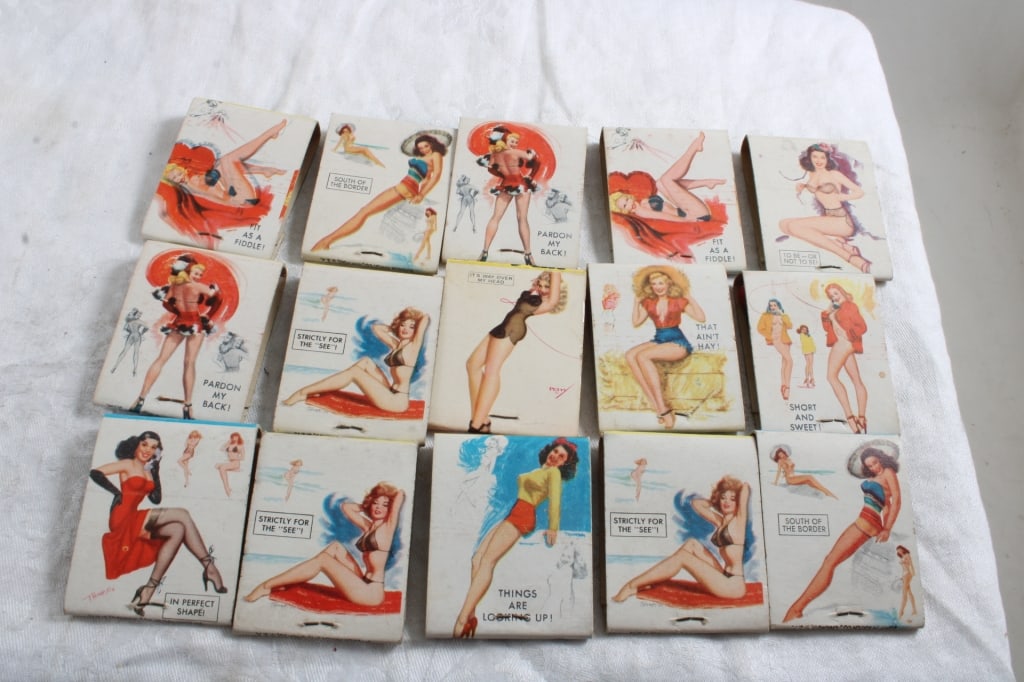 15 Pin-Up Matchbooks ALL FULL Front Strike: 15 Pin-Up Matchbooks ALL FULL Front Strike - Lot Size 5" x 5" x 3". 1 Lb. Photos are part of description (Live Auctioneers on displays a max of 20 photos -check other polatforms for all photos).
