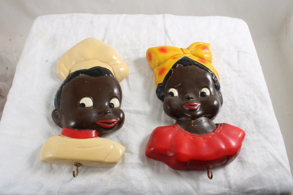 Black Americana Chalk Ware Wall Plaques with Hooks: Black Americana Chalk Ware Wall Plaques with Hooks - Girl has a repair. Lot Size 8" x 6" x 4". 2 Lbs. Photos are part of description (Live Auctioneers on displays a max of 20 photos -check other