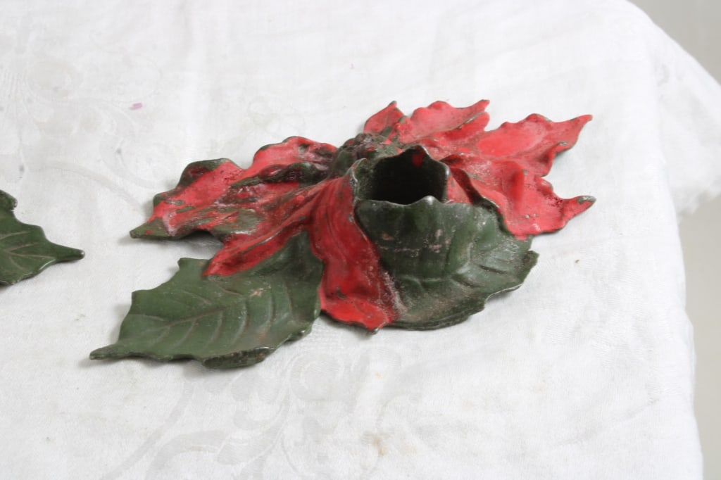 2 Cast Iron Poinsettia Candleholders Date 1922 - 5