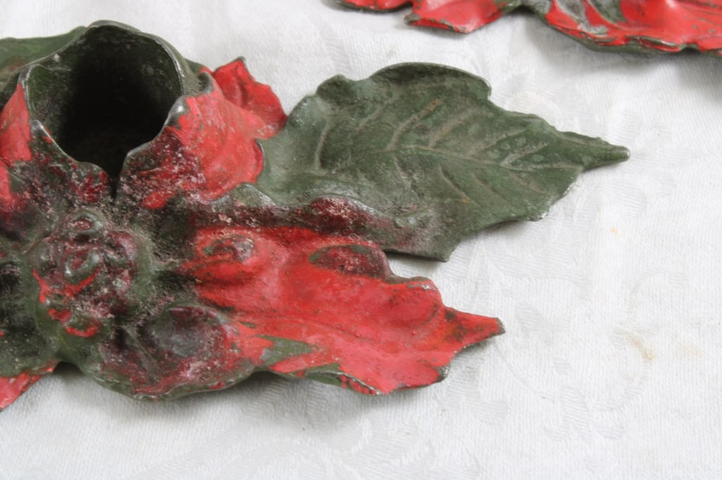 3 Cast Iron Poinsettia Candleholders Date 1922 - 4