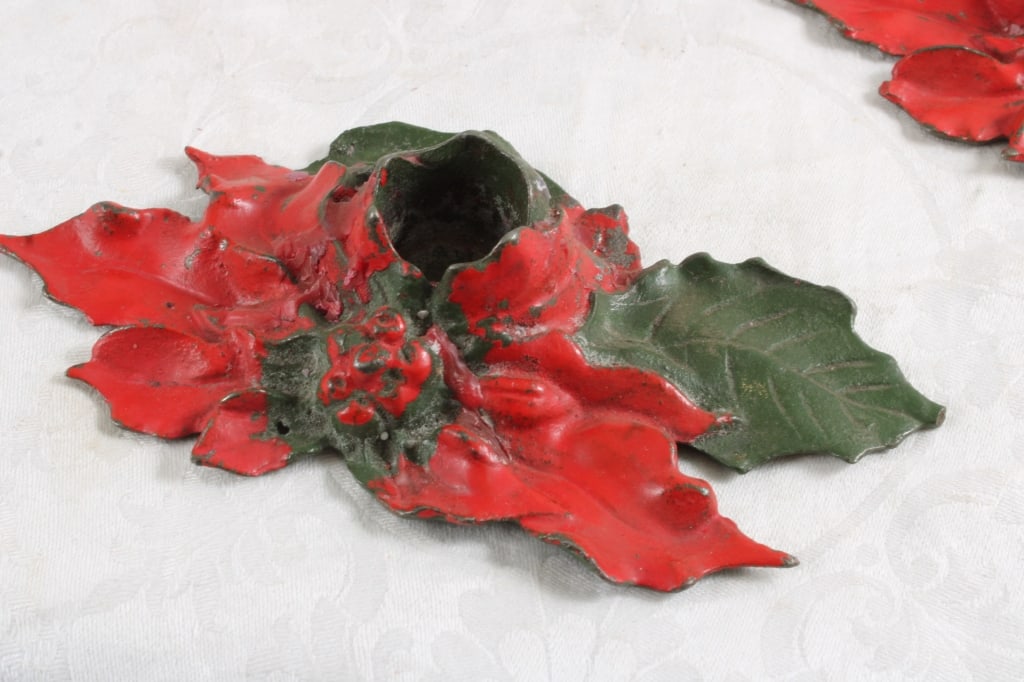 3 Cast Iron Poinsettia Candleholders Date 1922 - 8