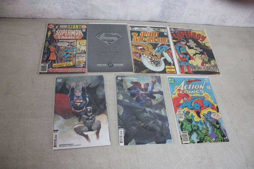 7 DC Comic Books- Superman, Superboy: 7 DC Comic Books- Superman, Superboy - Batman/Superman #4,6, Hear Lies Superman #178, 477, Superboy 157, 213. Lot Size 10" x 7" x 2". 1 Lb. Photos are part of description (Live Auctioneers on