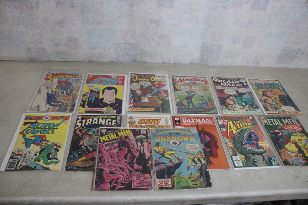 14 Vintage DC Comic Books: 14 Vintage DC Comic Books - Jimmy Olsen, Super Boy, Black Magic, Adam Strange, Batman, Superman, Metal Men, Challengers of the Unknown. Lot Size 10" x 7" x 3". 2 Lbs. Photos are part of