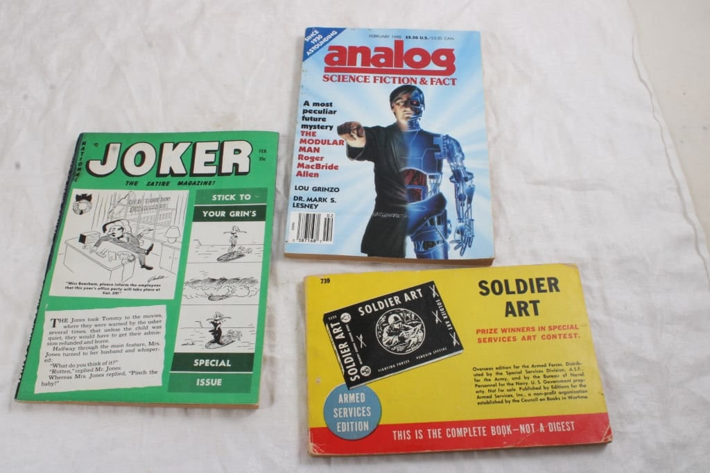 WW2 & Other Booklets Soldier Art Armed Services Ed: WW2 & Other Booklets Soldier Art Armed Services Ed - Complete Book, National Joker The Satire Magazine, Analog Science Fiction & Fact. Lot Size 8" x 6" x 2". Photos are part of description (Live