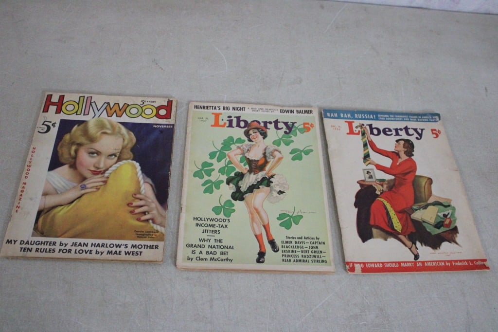 3 Movie Magazines 1930's Hollywood & Liberty: 3 Movie Magazines 1930's Hollywood & Liberty - Carol Lombard, Mae West & More. Lot Size 9" x 11" x 2". 1 Lb. Photos are part of description (Live Auctioneers on displays a max of 20 photos -check