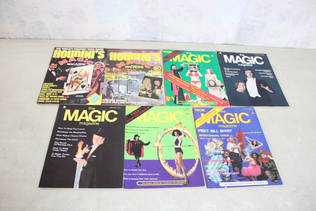 7 Houdini's & The Magic Magazines 1970's: 7 Houdini's & The Magic Magazines 1970's - Lot Size 8" x 11" x 2". 2 Lbs. Photos are part of description (Live Auctioneers on displays a max of 20 photos -check other polatforms for all photos).