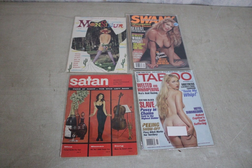 4 Risque Nude Magazines- Monsieur, Satan & Others: 4 Risque Nude Magazines- Monsieur, Satan & Others - Monsieur 1957, Satan 1957, Taboo 2000, Swank 1990. Lot Size 9" x 11" x 2". 2 Lbs. Photos are part of description (Live Auctioneers on displays