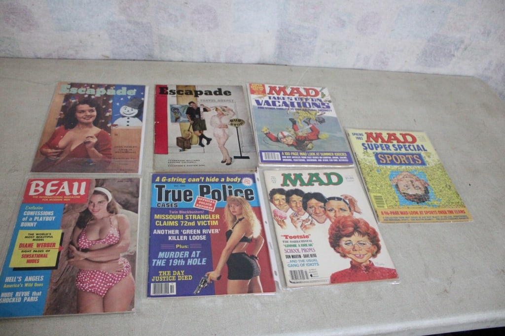 4 Risque Pinup Beau, Escapade, 3 Mad Magazines: 4 Risque Pinup Beau, Escapade, 3 Mad Magazines - 1950's & 1960''s Risque Pin-Up Magazines Beau and 2 Escapade, 1 True Police and 3 1980's Mad Magazines. Lot Size 11" x 9" x 3". 3 Lbs. Photos