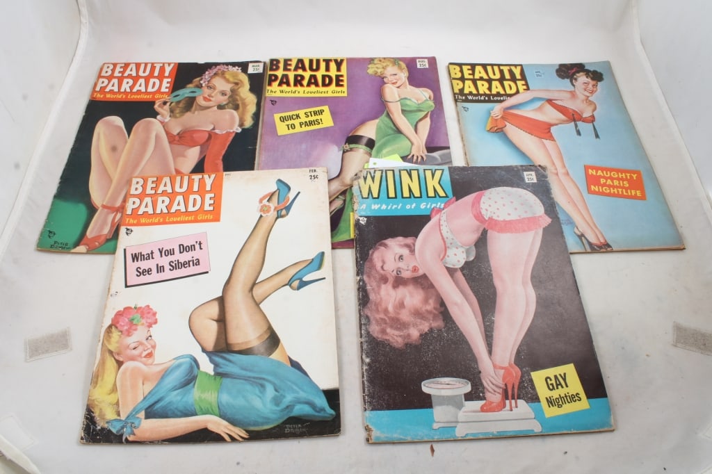 5 Burlesque Pinup Magazines Marilyn Monroe, Bettie: 5 Burlesque Pinup Magazines Marilyn Monroe, Bettie - Page, Jane Russell & Many More. 1 Wink, 4 Beauty Parade Magazines. Lot Size 9" x 12" x 1". 2 Lbs. Photos are part of description (Live