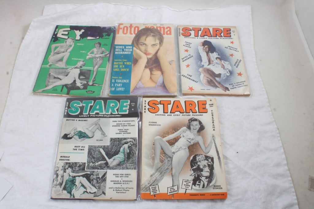 5 Erotica Risque Adult Books: 5 Erotica Risque Adult Books - Eye (has some ink on cover), 1961 Foto Rama, 1961 Stare, 1954 Stare, 1959 Stare. Lot Size 6" x 8" x 2". 1 Lb. Photos are part of description (Live Auctioneers on