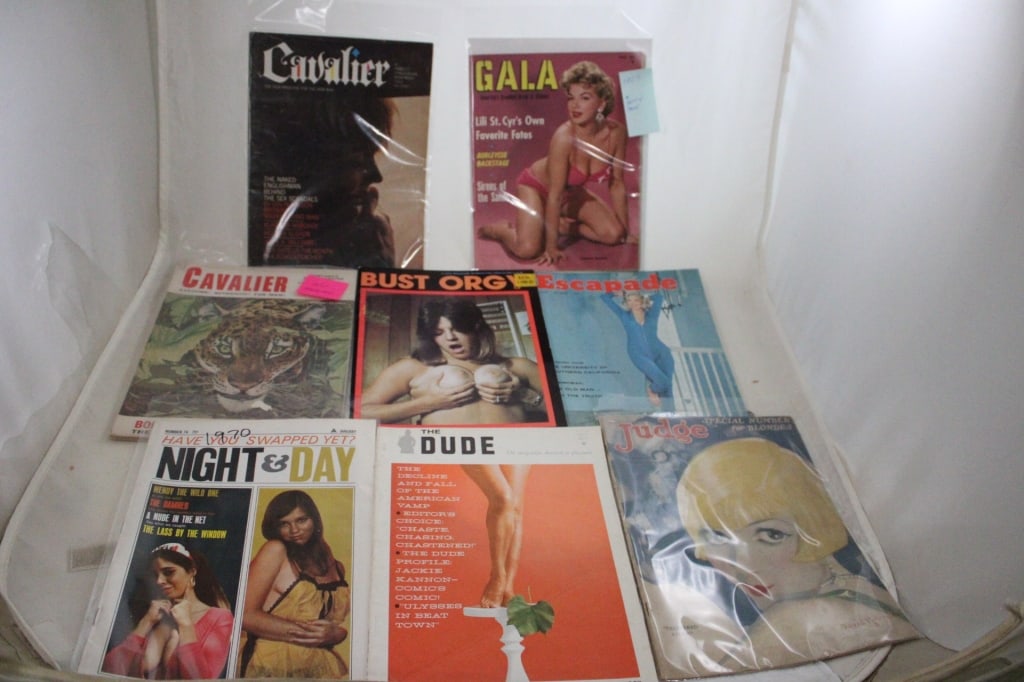 8 Risque Nude Men's Magazines: 8 Risque Nude Men's Magazines - 1926 Judge, 1970 Night and Day, 1961 The Dude, 1957 Gala Bettie Page, Cavalier 1963, Cavalier 1955, Escapade 1959. Lot Size 9" x 12" x 2". 3 Lbs. Photos are part of des