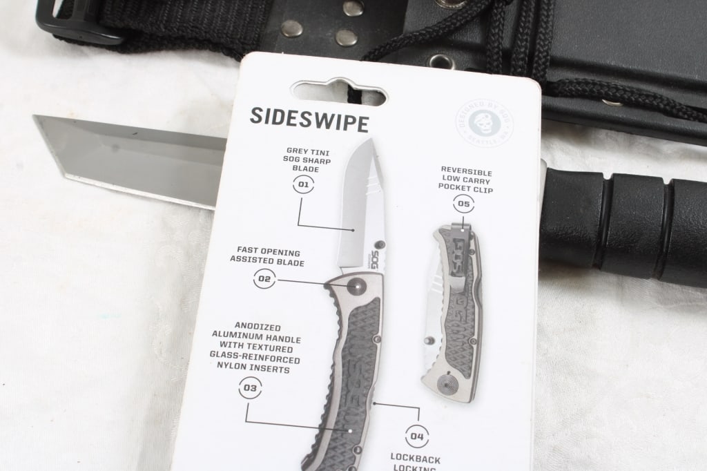 2 Knives 1 SOG New in Package, 1 Tanto in Sheath - 7