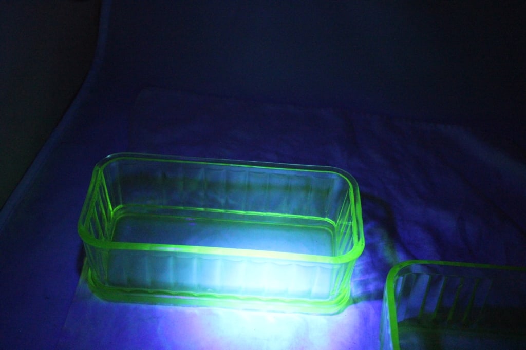 2 Green Uranium Glass Refrigerator Jars - Glows - 12