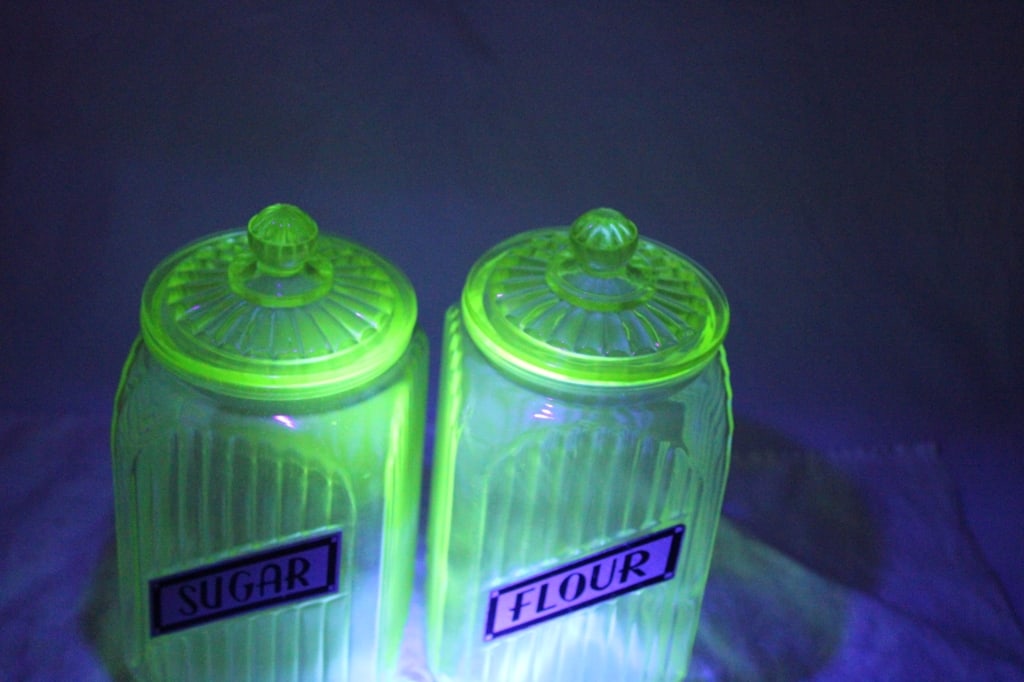 2 Green Uranium Glass Ribbed Canisters -Glows - 18
