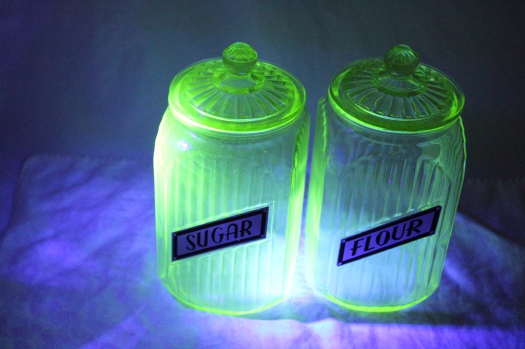 2 Green Uranium Glass Ribbed Canisters -Glows - 19