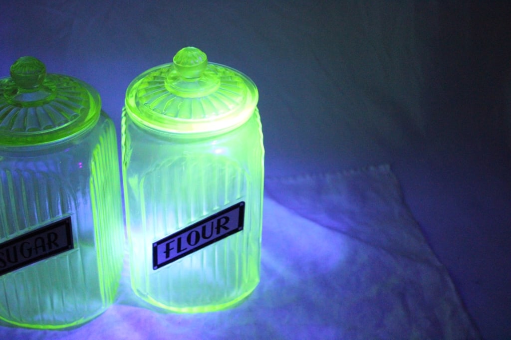 2 Green Uranium Glass Ribbed Canisters -Glows - 20