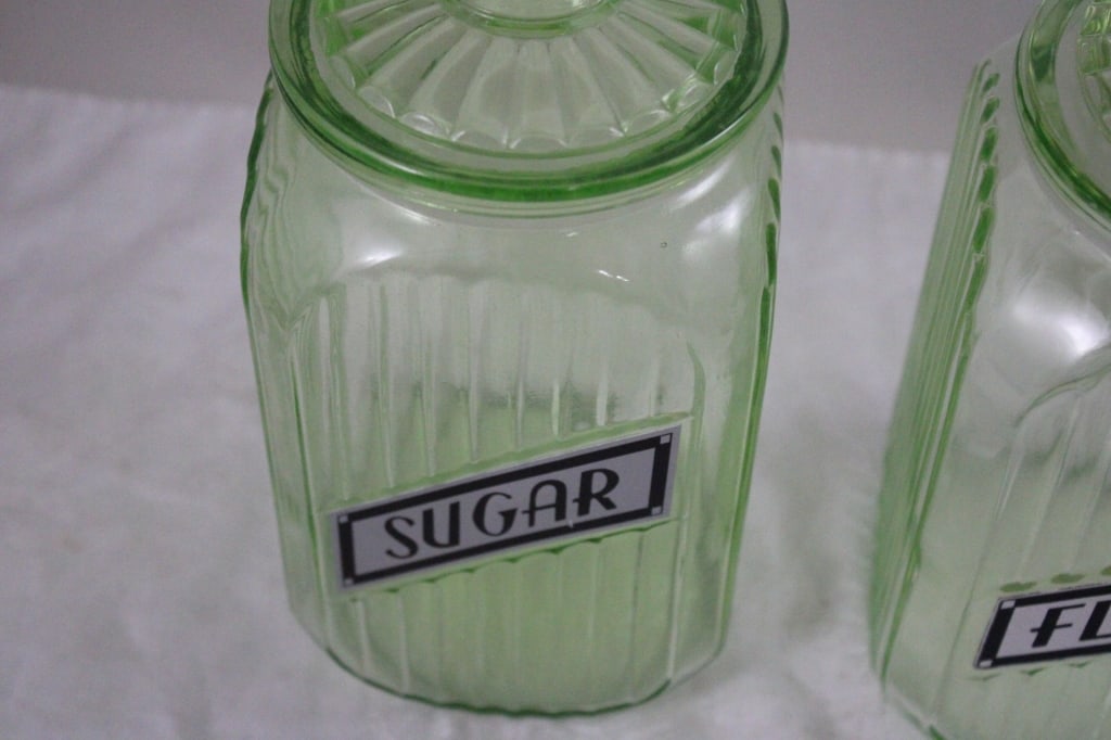2 Green Uranium Glass Ribbed Canisters -Glows - 5