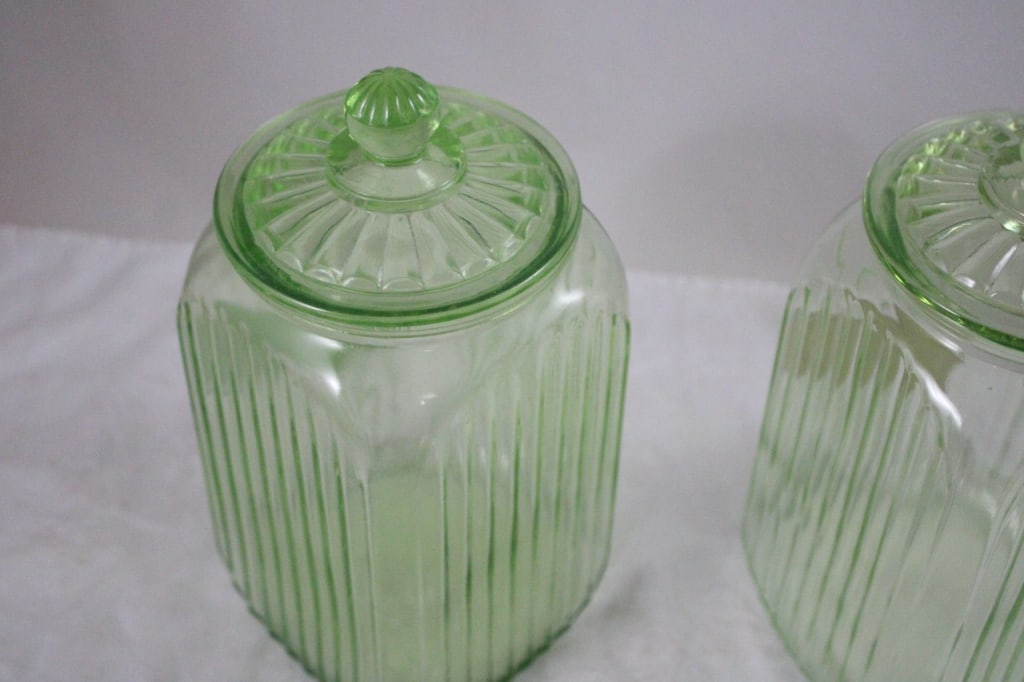 2 Green Uranium Glass Ribbed Canisters -Glows - 7