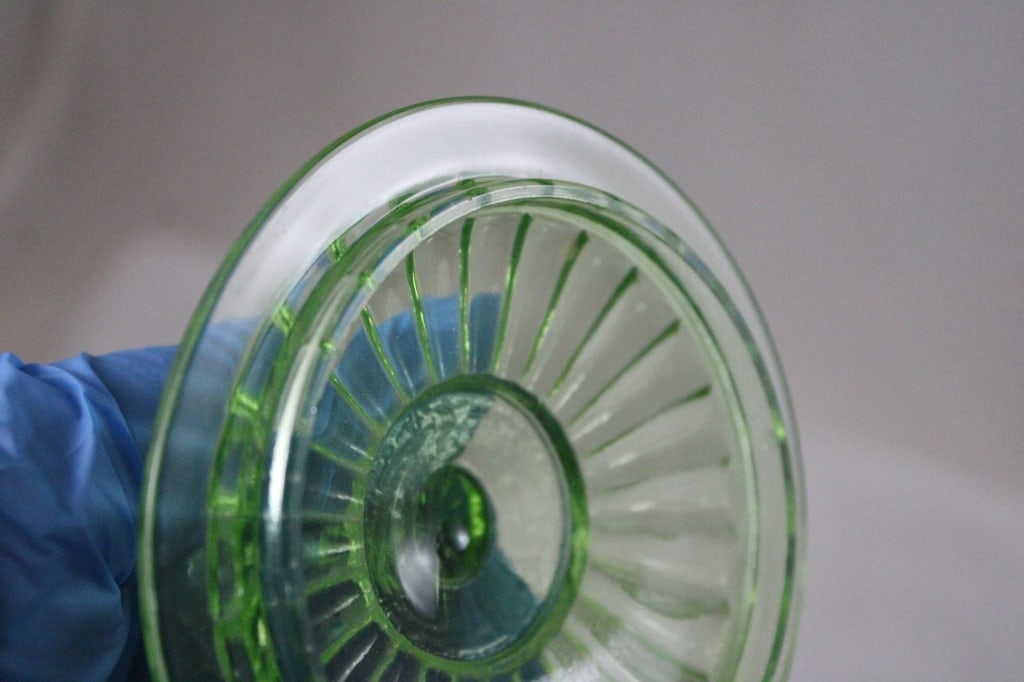 2 Green Uranium Glass Ribbed Canisters -Glows - 10