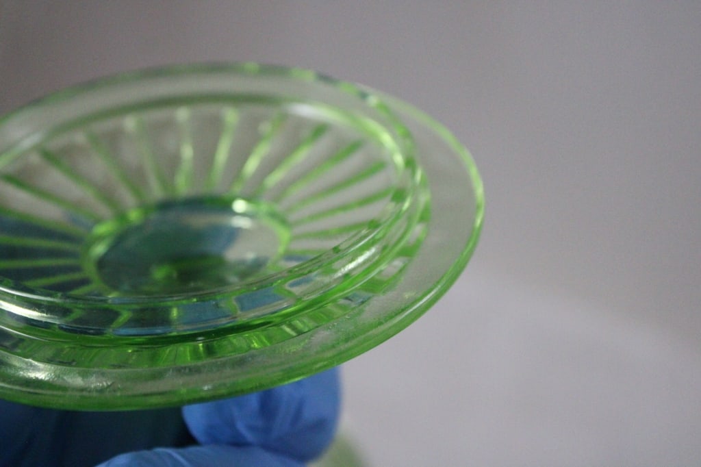 2 Green Uranium Glass Ribbed Canisters -Glows - 11