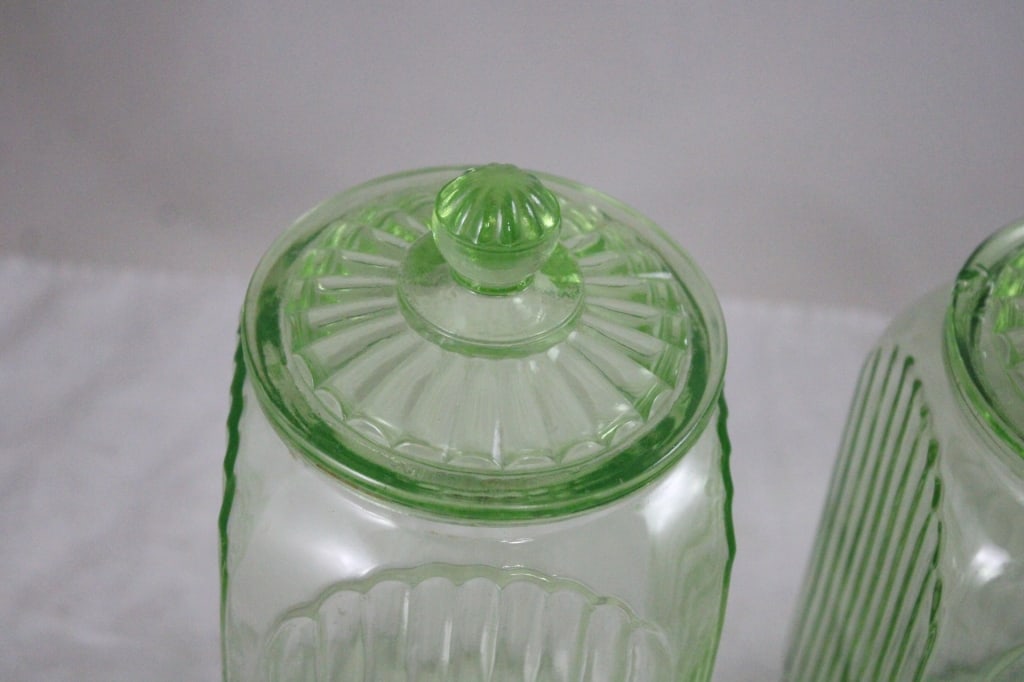 2 Green Uranium Glass Ribbed Canisters -Glows - 2