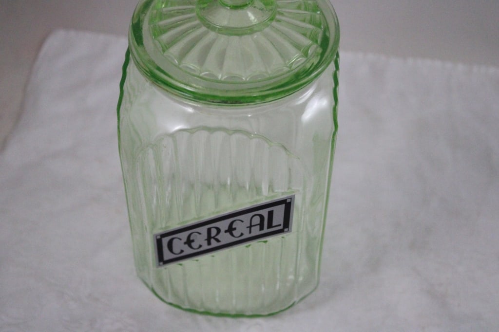 2 Green Uranium Glass Ribbed Canisters -Glows - 4