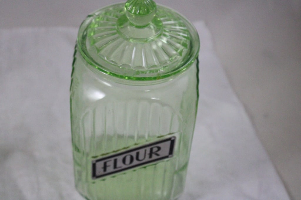 2 Green Uranium Glass Ribbed Canisters -Glows - 6