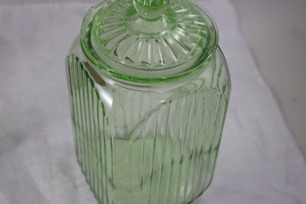 2 Green Uranium Glass Ribbed Canisters -Glows - 7
