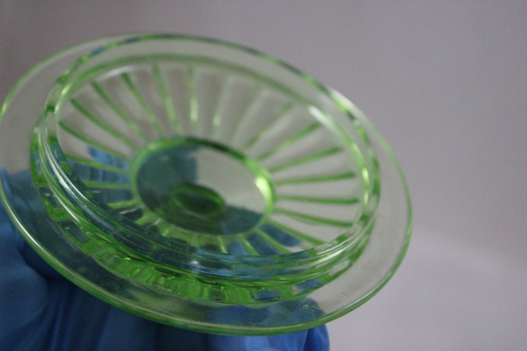 2 Green Uranium Glass Ribbed Canisters -Glows - 9