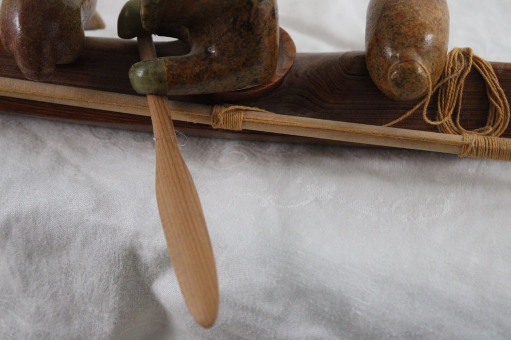 Inuit Wood Kayak w/Stone Hunter Artist Signed - 13