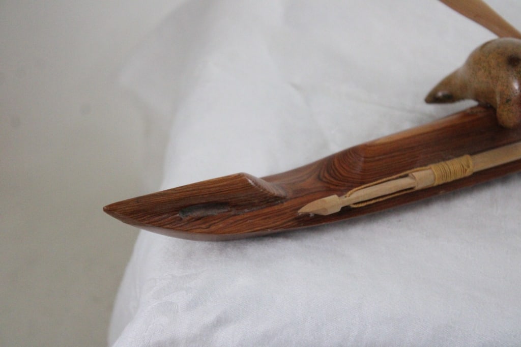 Inuit Wood Kayak w/Stone Hunter Artist Signed - 2